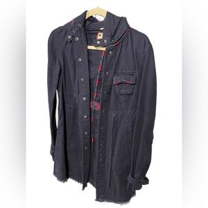 Free People Navy blue jacket red plaid hood